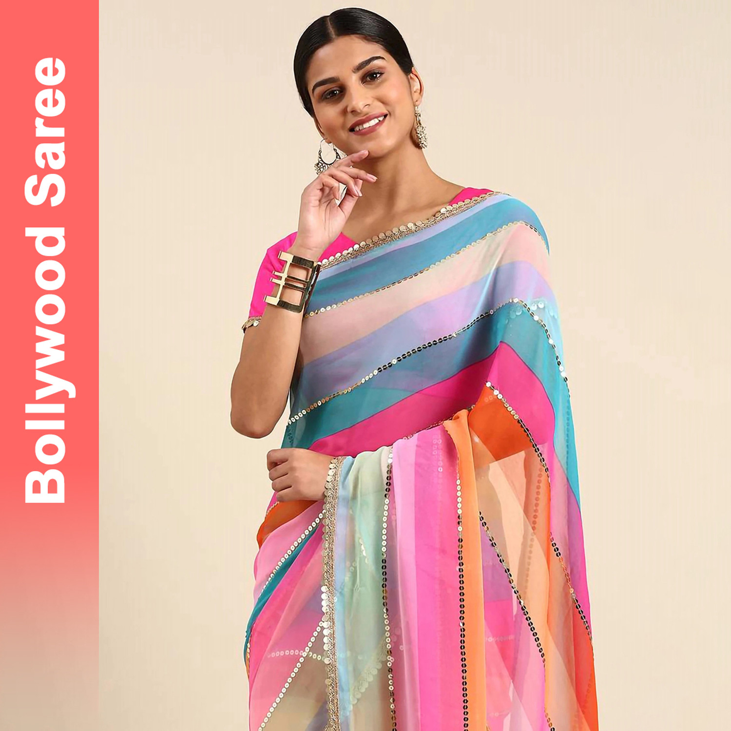 Qyra Digital Print, Digital Print Fashion Georgette Saree with Unstitched Blouse