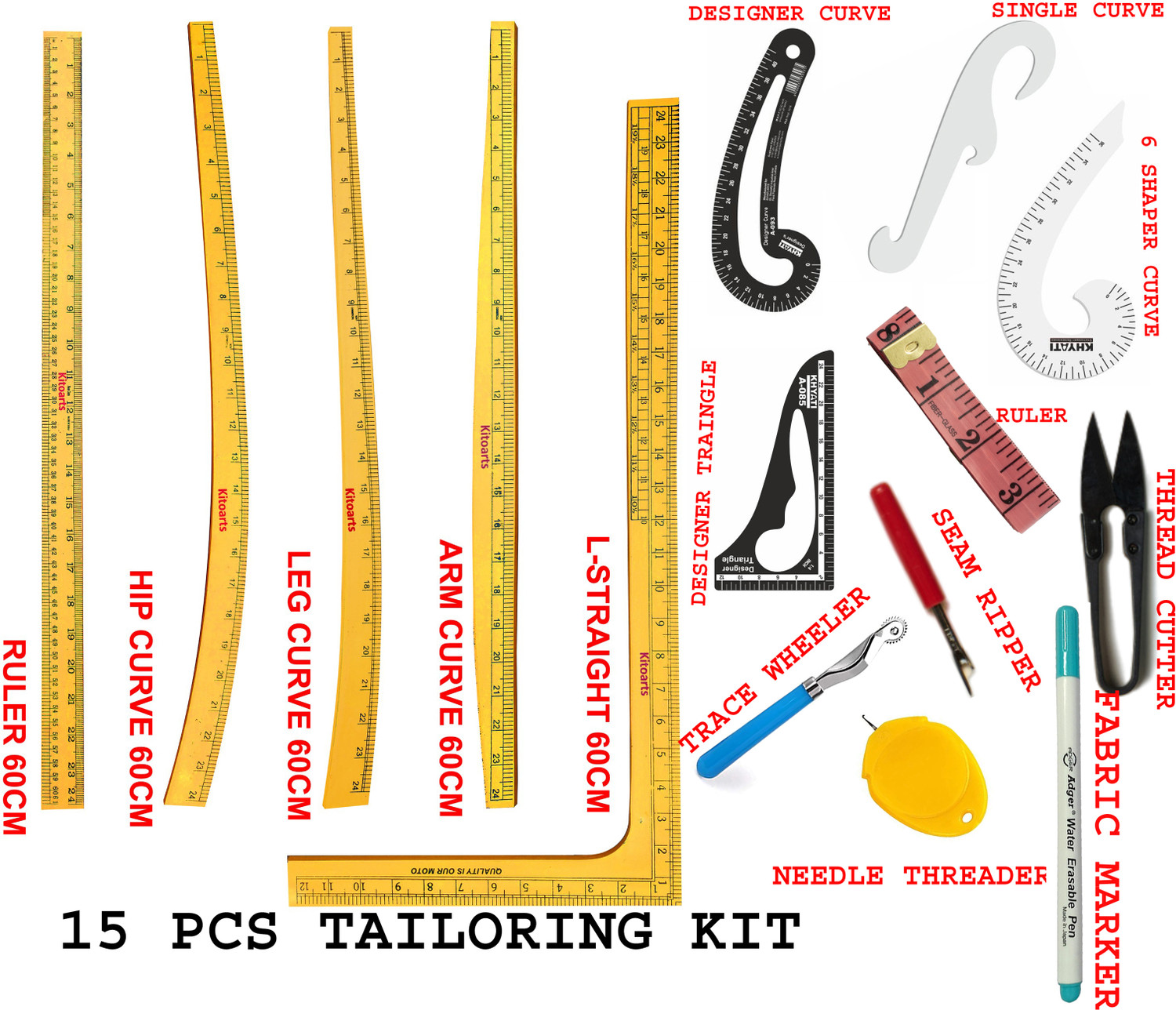 Kitoarts Wooden Tailoring Scales Kit,Curves Scale for Tailoring With French Curves(15Pcs) Sewing Kit