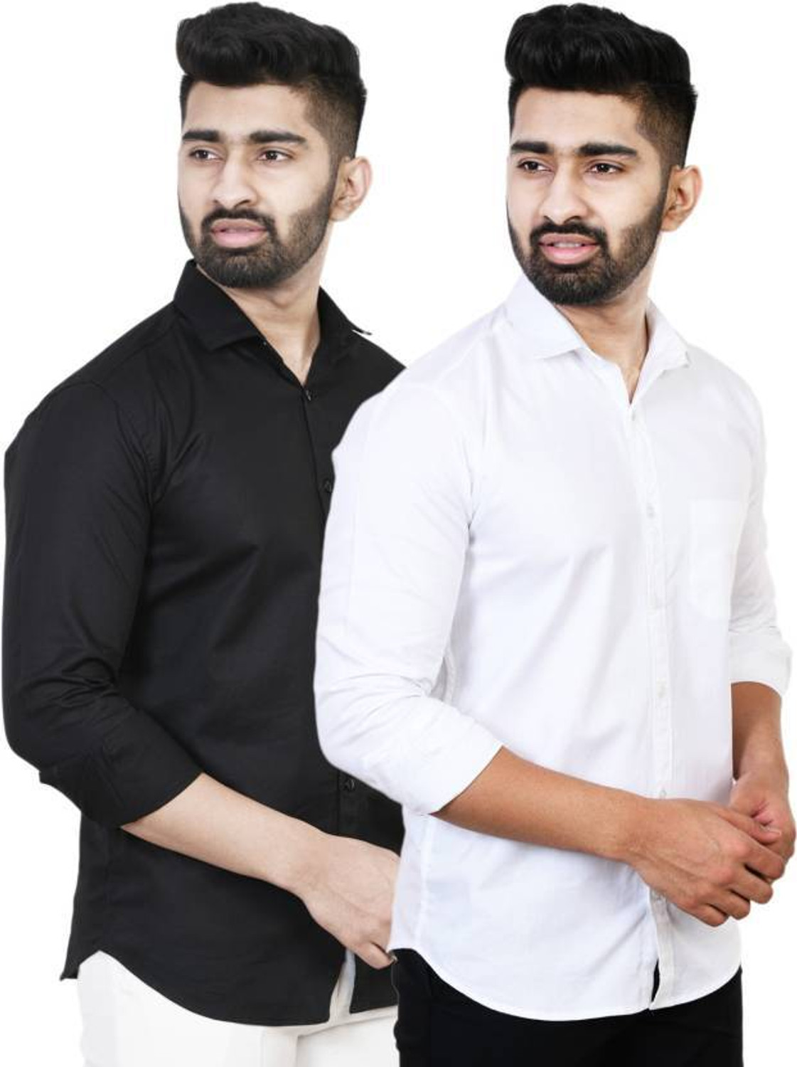 GLOREN Men Solid Casual White, Black Shirt