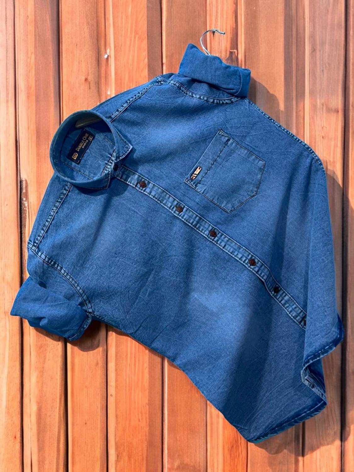 Double One Men Washed Casual Blue Shirt