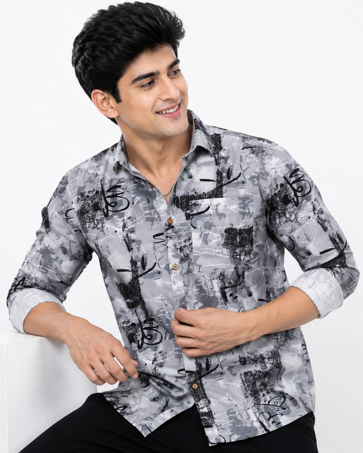 Chevron Men Printed Casual Grey Shirt - Image 1