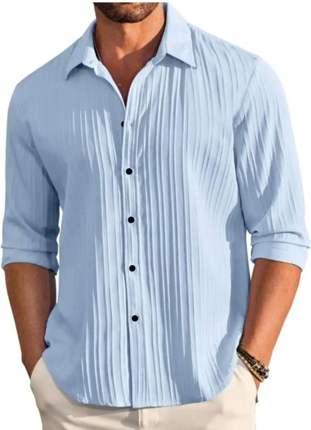 VRLOOKS Men Self Design Casual Light Blue, Pink Shirt - Image 3