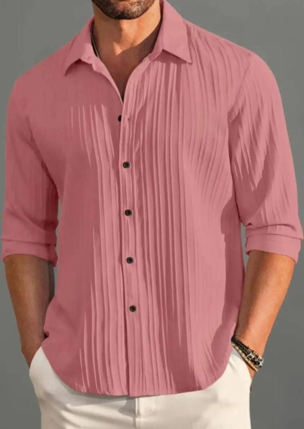 VRLOOKS Men Self Design Casual Light Blue, Pink Shirt - Image 4