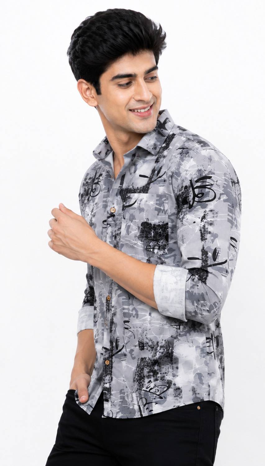 Chevron Men Printed Casual Grey Shirt - Image 3