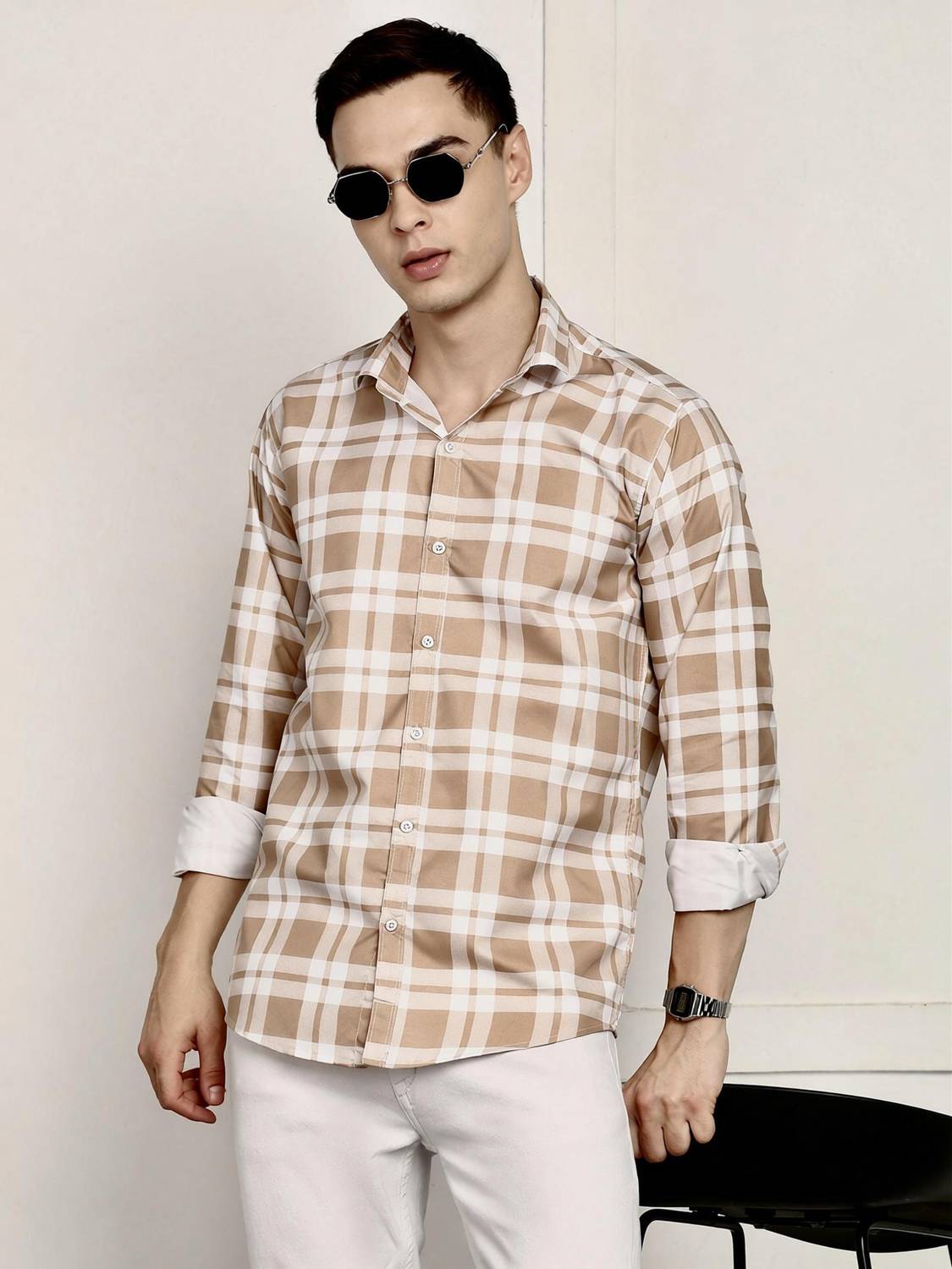 RODEIZ Men Checkered Casual Beige, Brown Shirt - Image 1