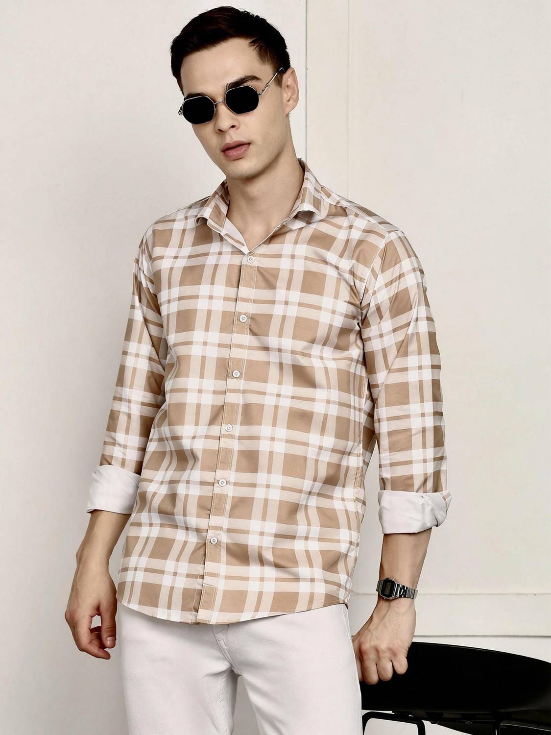 RODEIZ Men Checkered Casual Beige, Brown Shirt - Image 2
