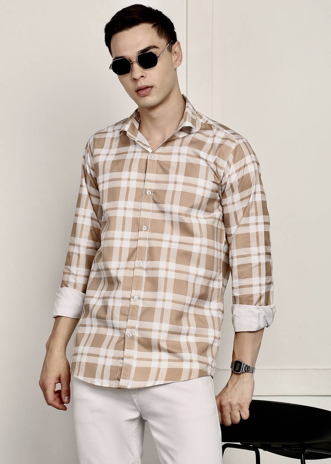 RODEIZ Men Checkered Casual Beige, Brown Shirt - Image 4