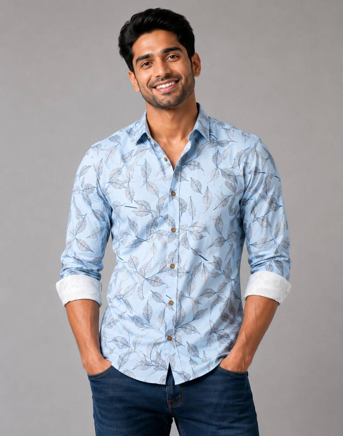 Chevron Men Printed Casual Light Blue Shirt - Image 1