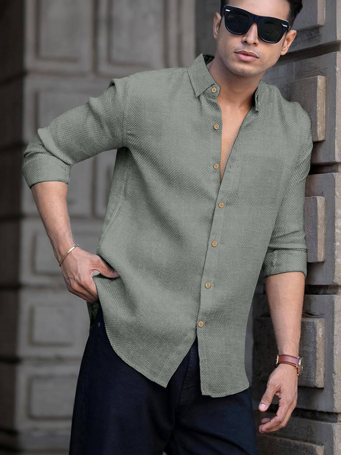javier Men Self Design Casual Grey Shirt - Image 1