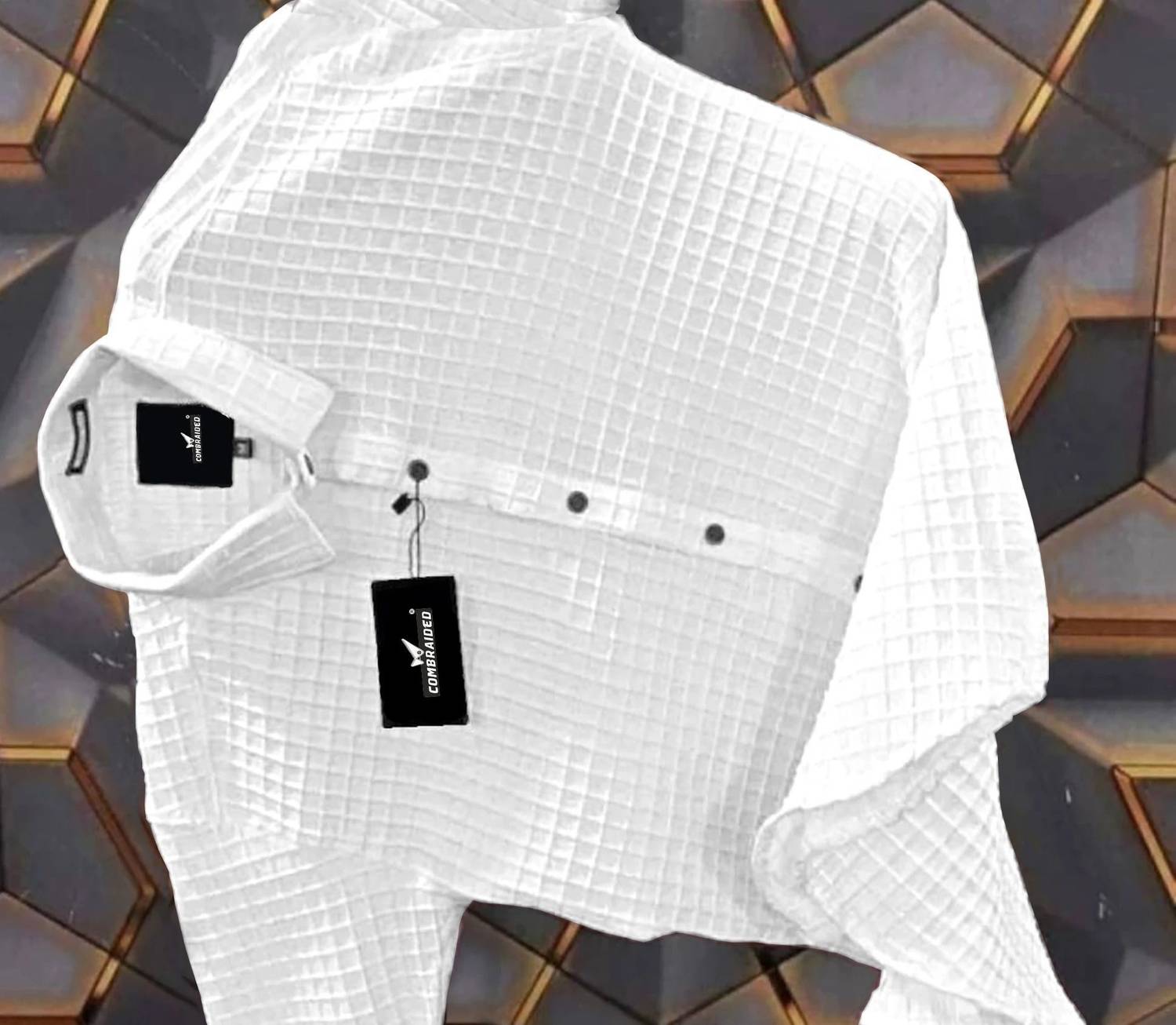 COMBRAIDED Men Self Design Casual White Shirt - Image 3