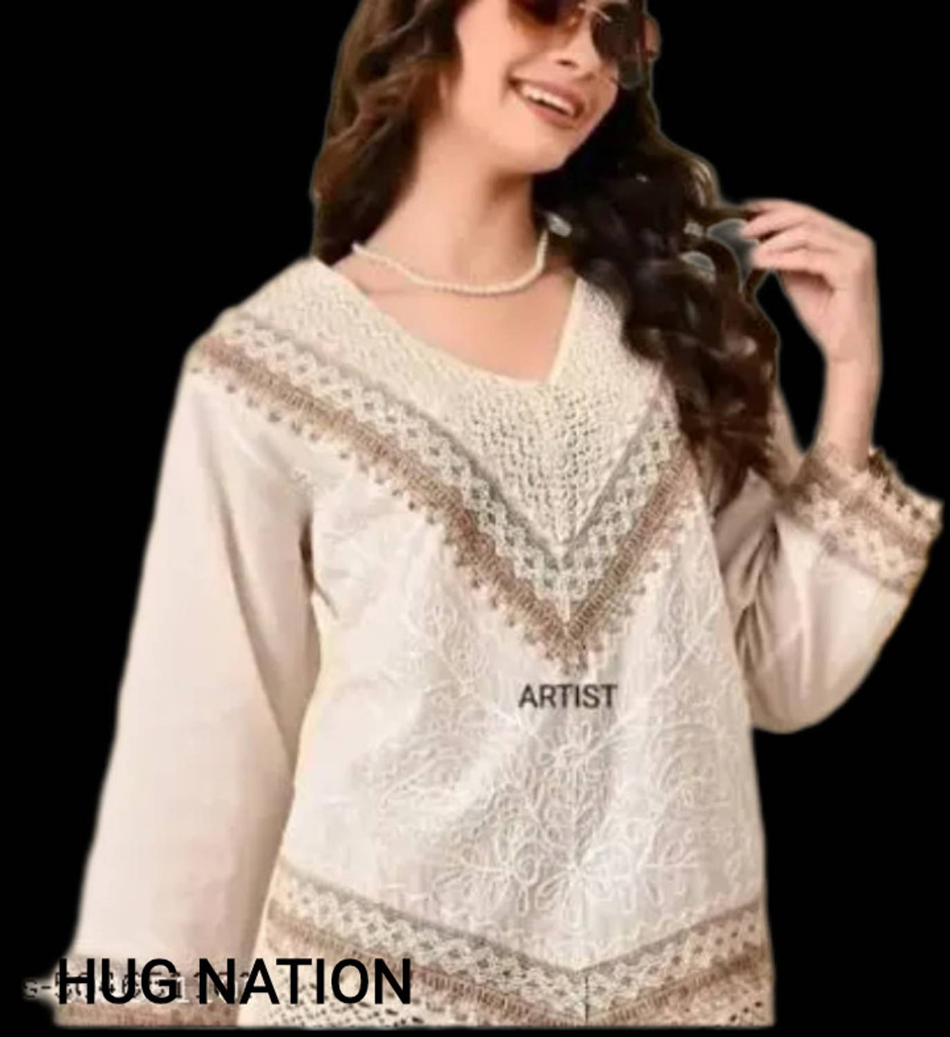 hug nation Casual Chevron/Zig Zag, Embossed, Lace, Self Design, Applique, Embroidered Women Beige Top