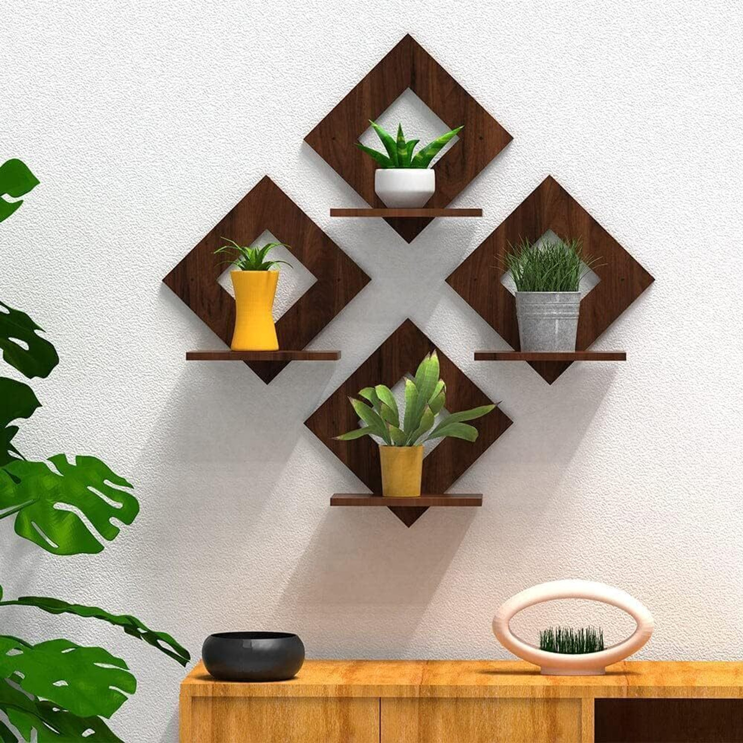 Stalory Walnut Finish Wooden Square Wall Hanging Planter Stand