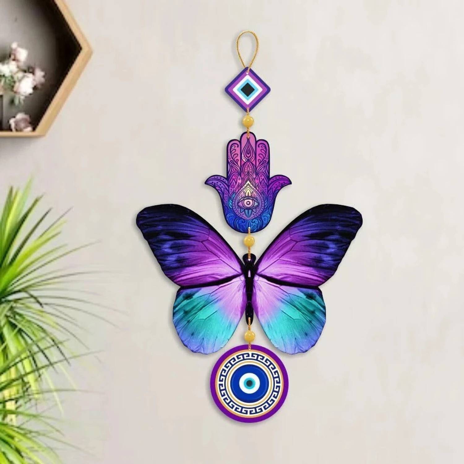 MegaValue Shashank wooden fusion butterfly with evil eye wall hanging,office,living room