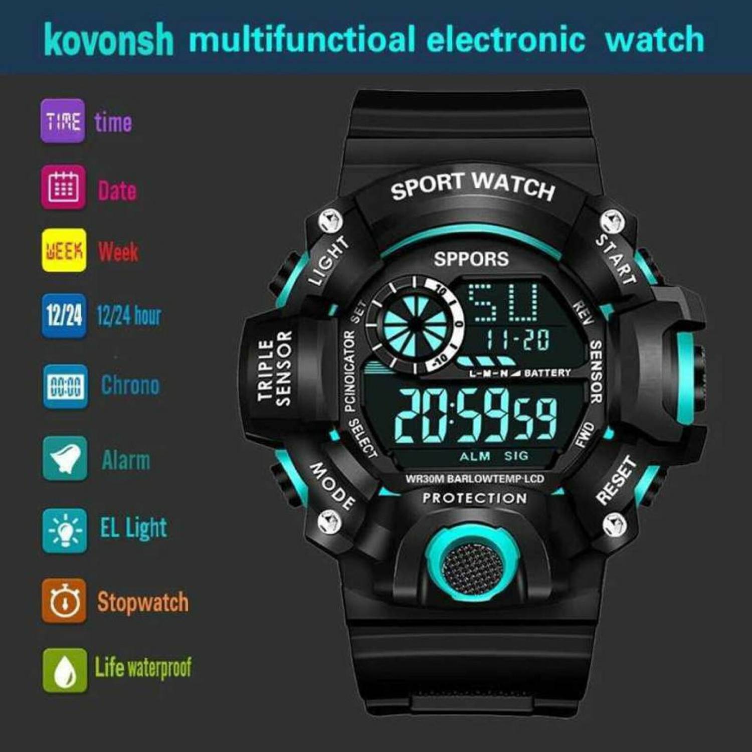 Kovonsh Black Dial Sports Watch for Men - Image 5