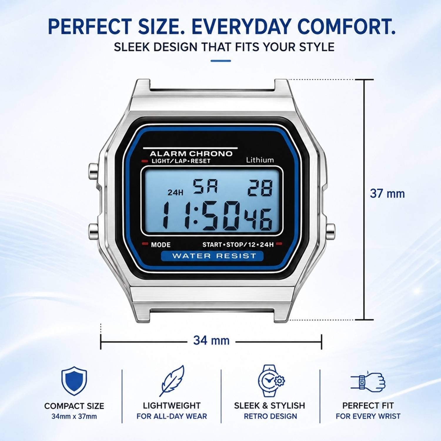 Timofy Classic Retro Chronograph Silver LED Watch - Image 5