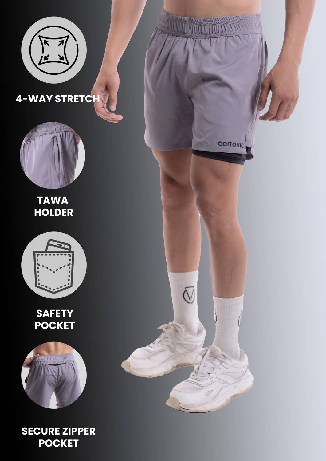 COITONIC Men Grey Sports Shorts - Image 5
