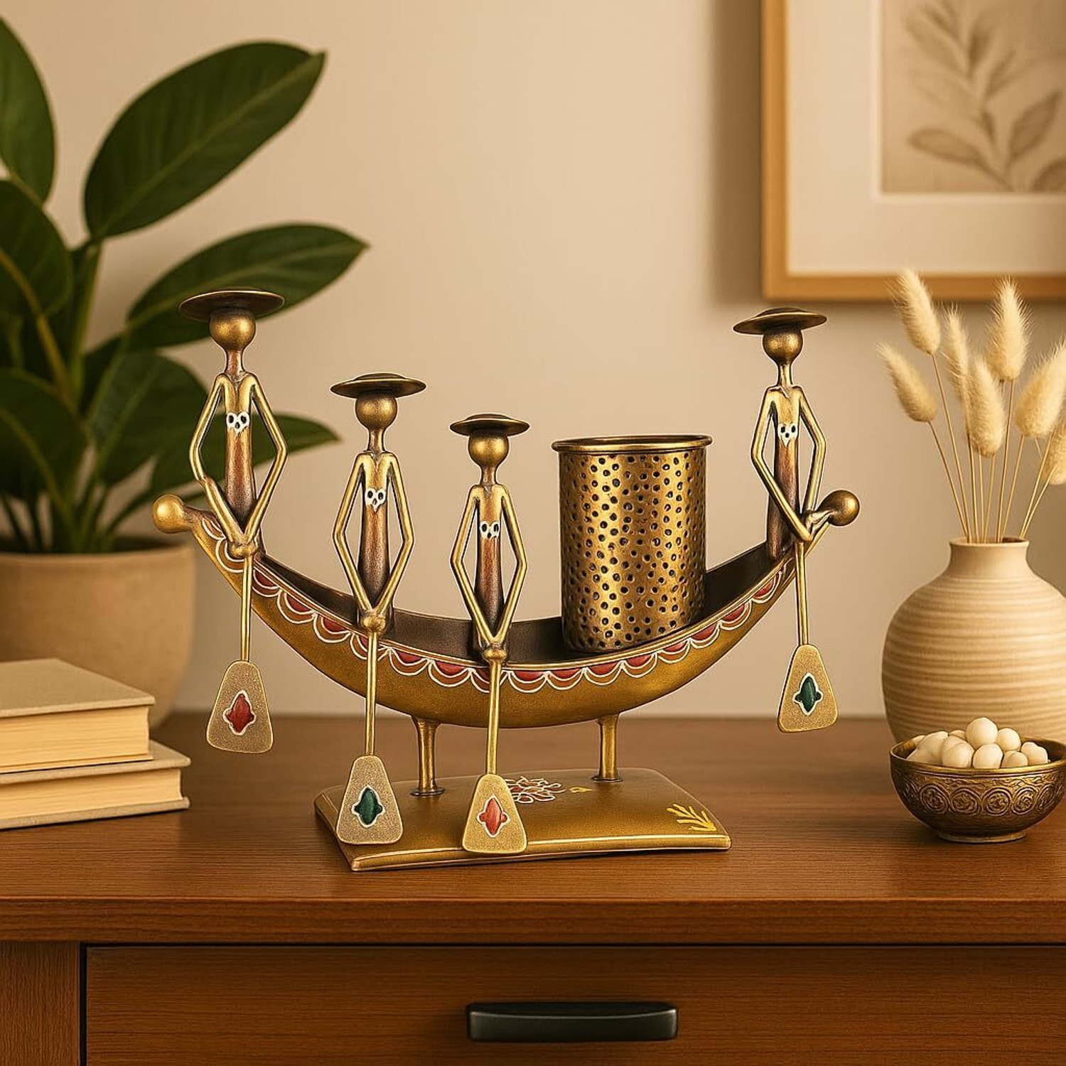 MAA BHAWANI HANDICRAFTS Boat Pen Holder, Pen Stand Decorative Showpiece - 20 cm