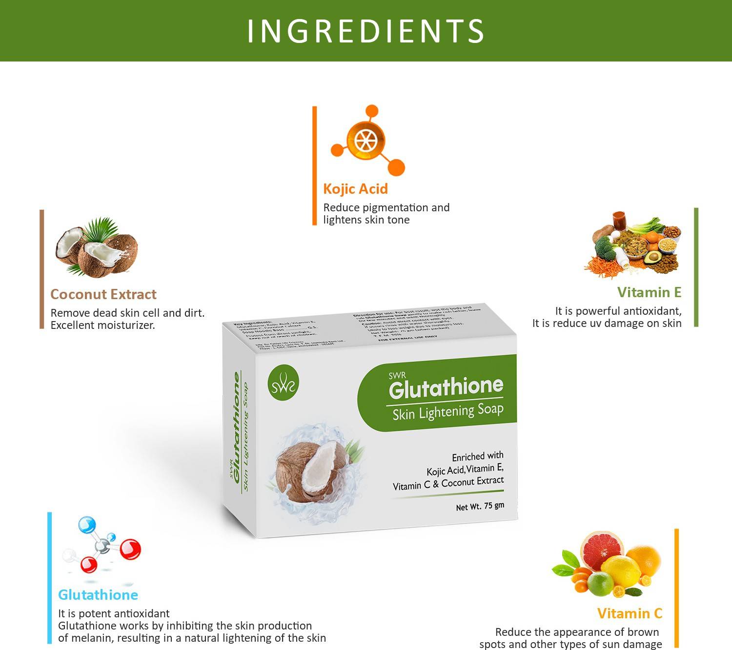 DEXTRON Glutathione Skin Lightening Soap with Kojic Acid, Vit E, C &  Coconut Extract Price in India