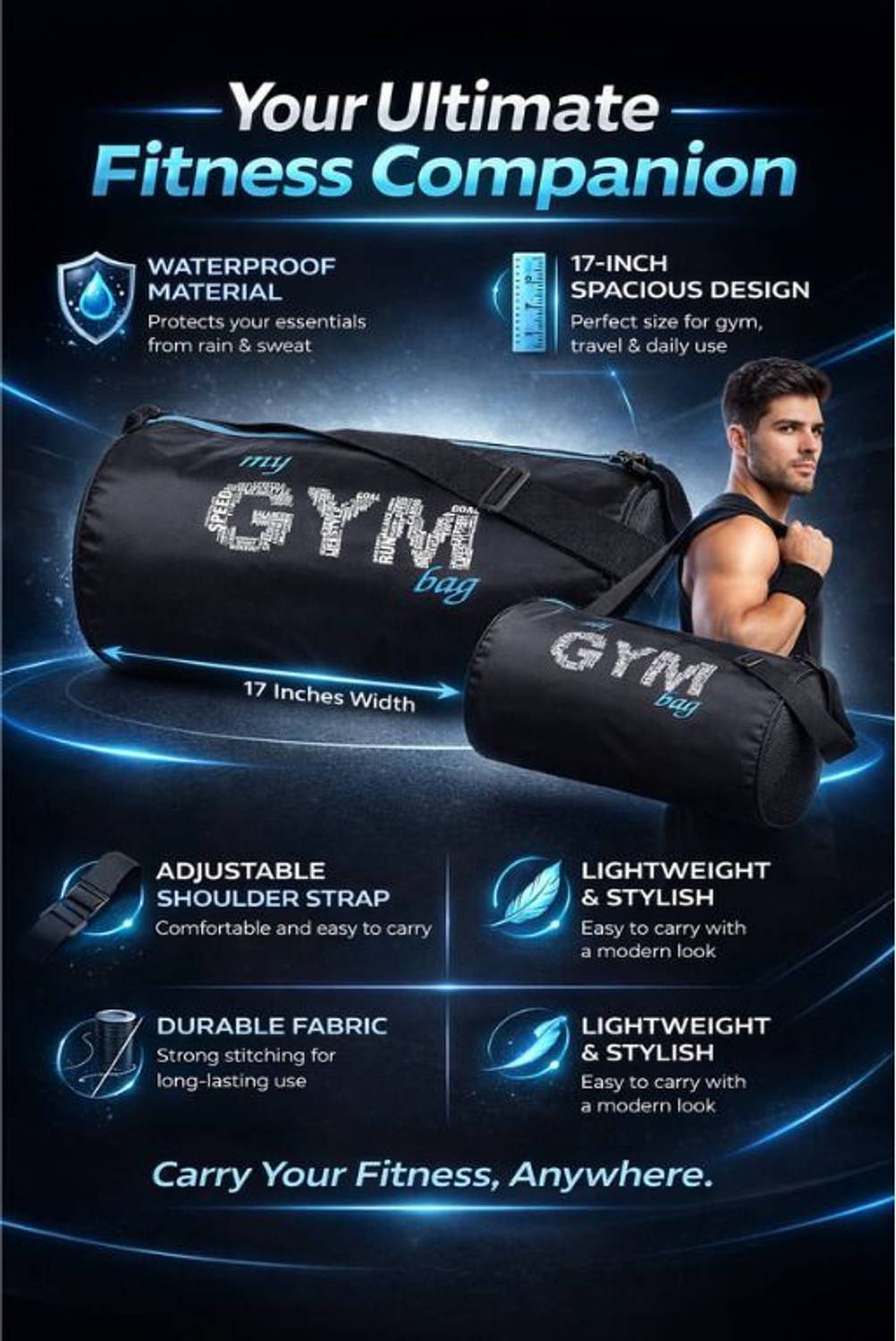 EMMCRAZ Combo Wrist Band, Gym Bag, 700ML Shaker (Black, Kit Bag, Pack - Image 4