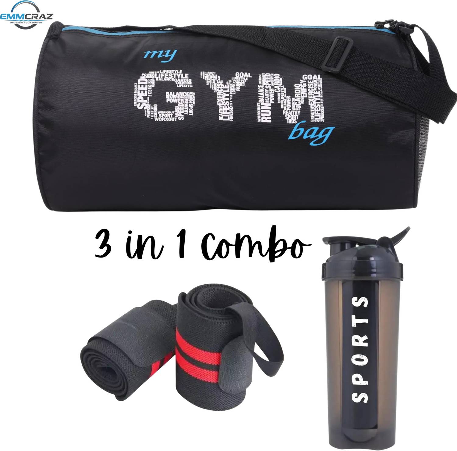 EMMCRAZ Combo Wrist Band, Gym Bag, 700ML Shaker (Black, Kit Bag, Pack - Image 1