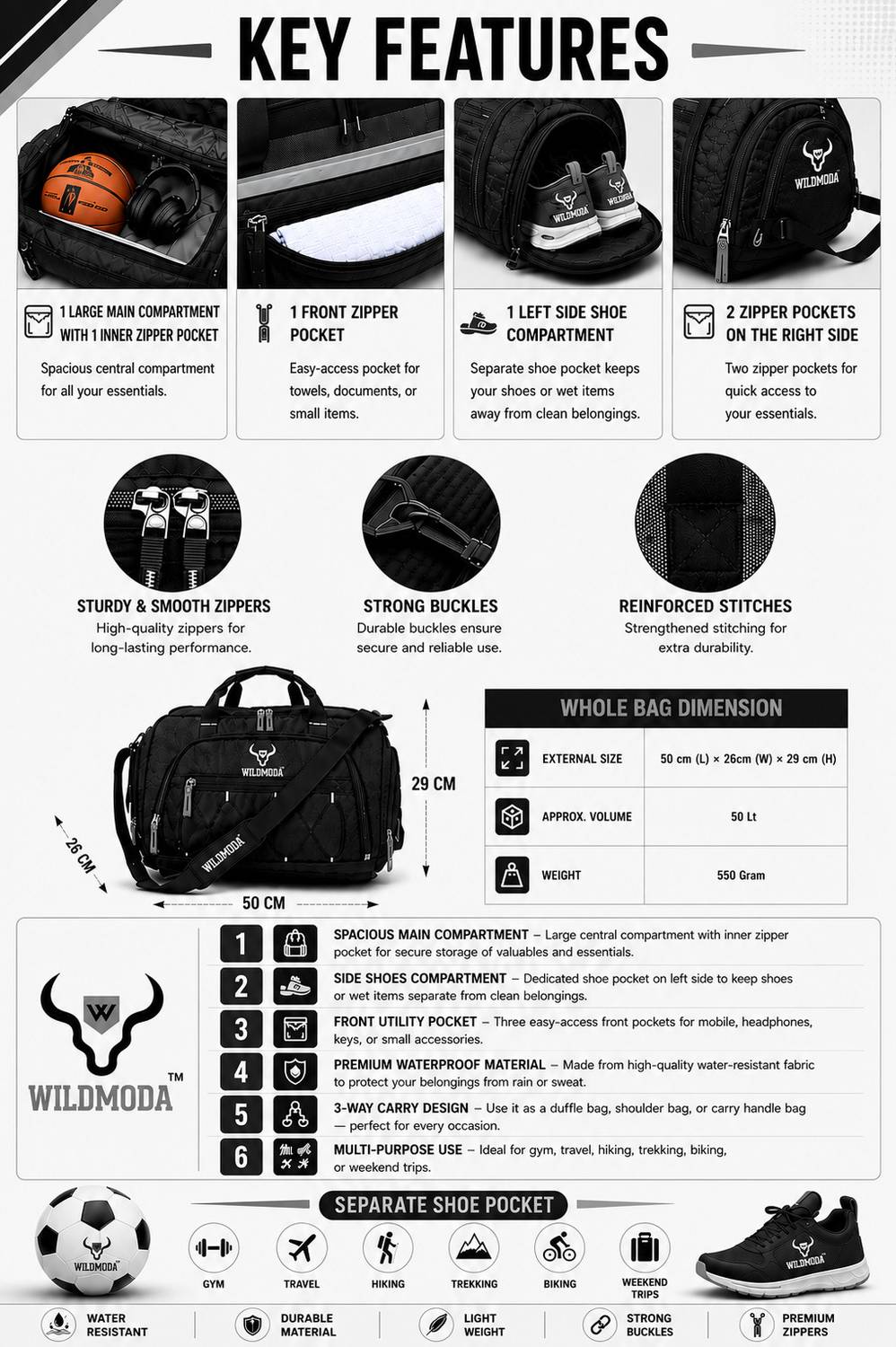 Wildmoda 50L Gym Duffel Bag - Image 4