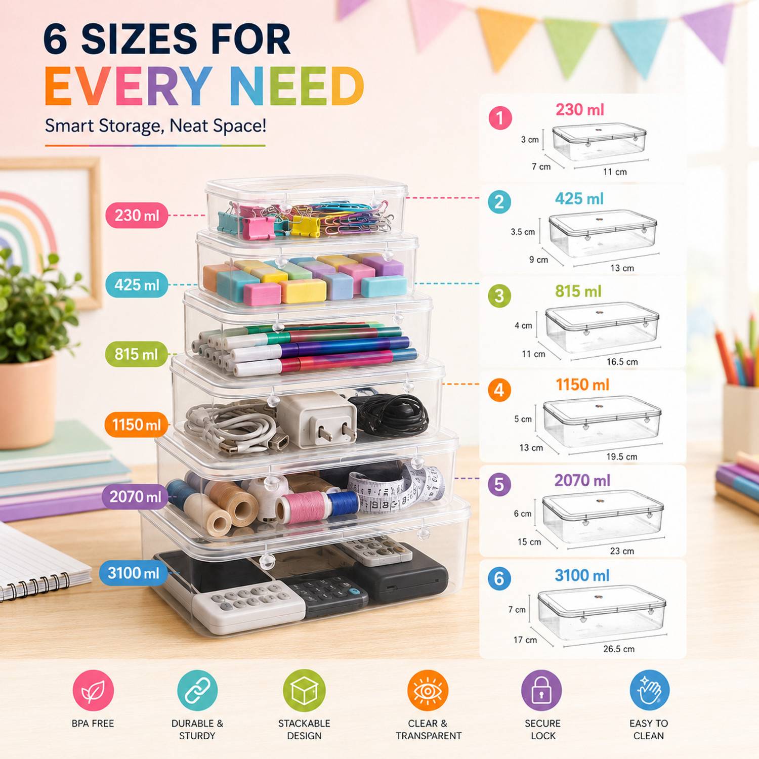 Eos Plastic Containers With Lock System for Accessories PACK OF 6 Storage Box - Image 3