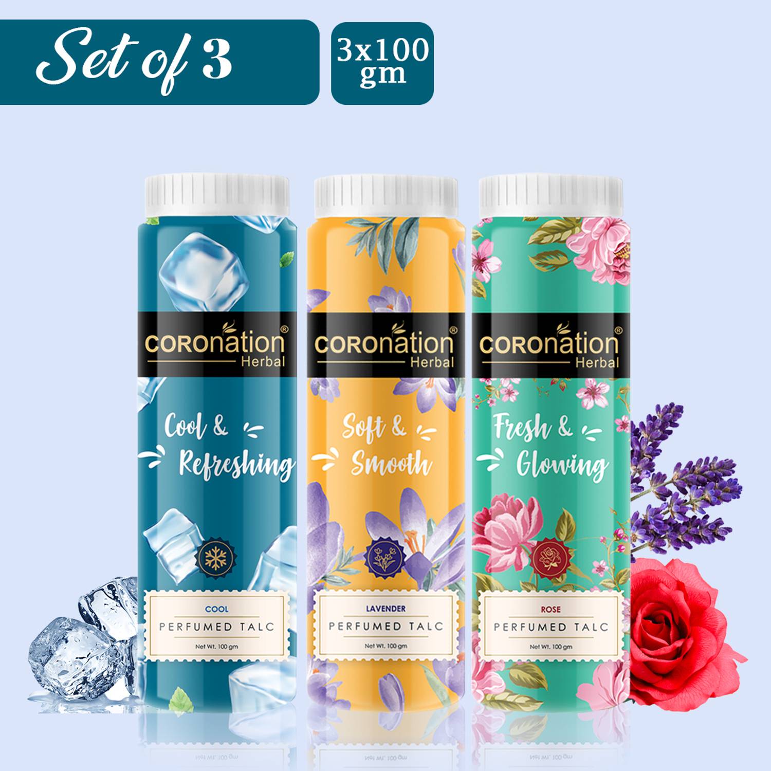 COROnation Herbal Ice Cool, Lavender and Rose Talc Powder (Set of 3)