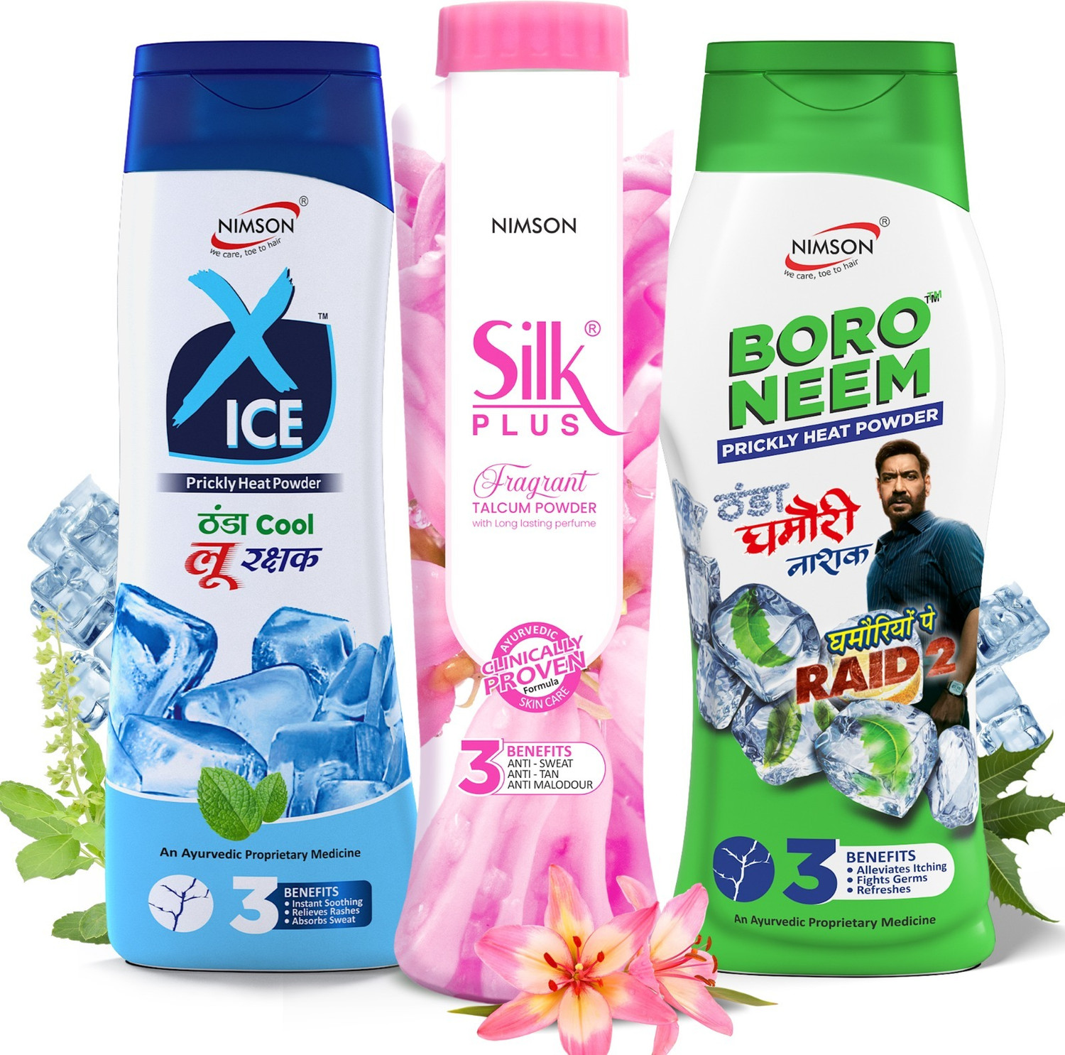 Nimson Silk Plus & Boro Neem & X-ice Talcum Powder Ghamori, Loo Rakshak & Perfume Talc
