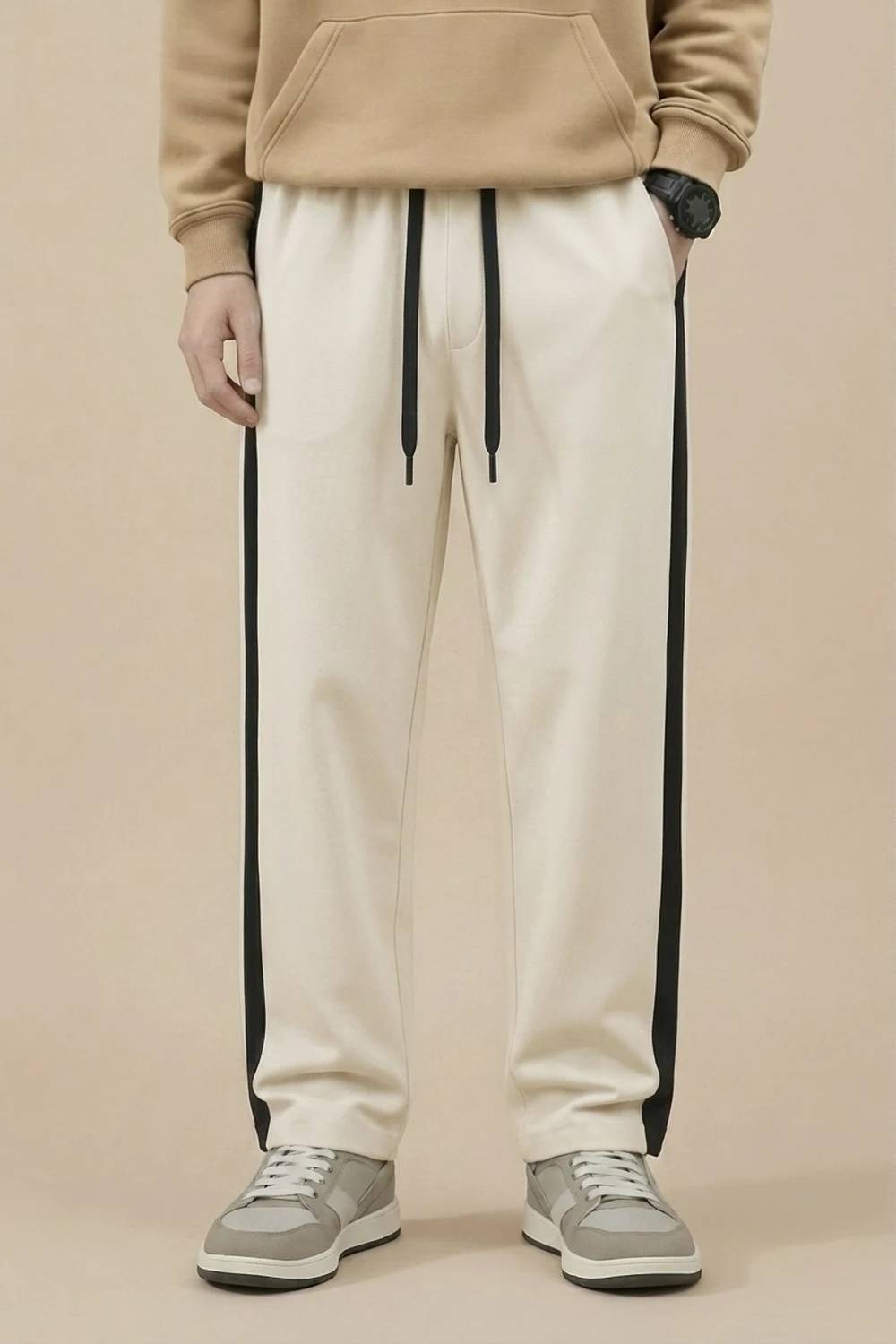 S2SFASHIONS Beige Striped Men Track Pants - Image 1