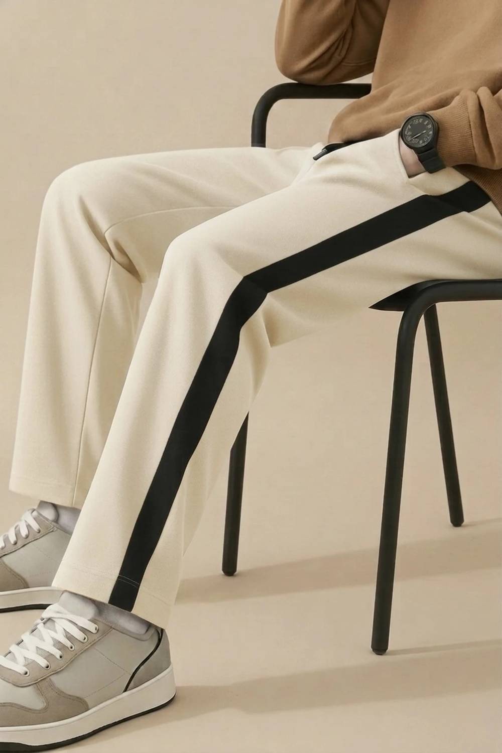 S2SFASHIONS Beige Striped Men Track Pants - Image 4