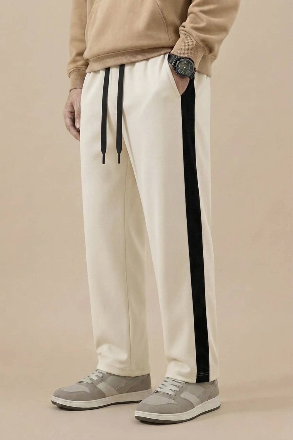 S2SFASHIONS Beige Striped Men Track Pants - Image 3