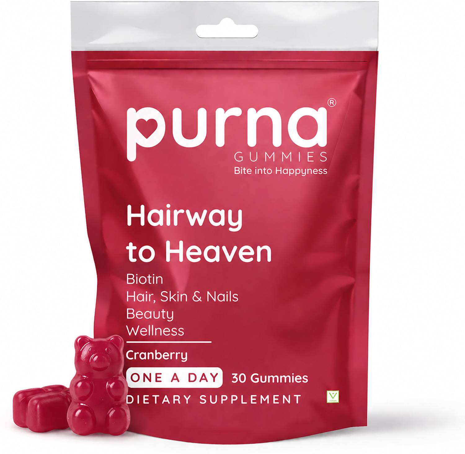 Purna Gummies Biotin Cranberry Flavour Gummy for Hair, Nails, & Skin, 1 daily