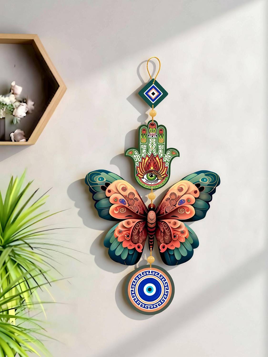 MegaValue wooden green fusion butterfly with evil eye wall hanging,office,living room