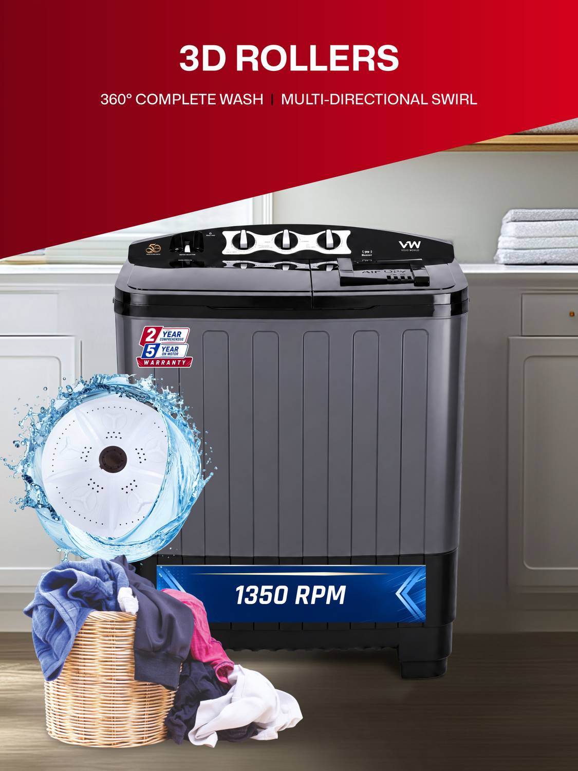 VW 8 kg Semi Automatic Top Load Washing Machine Black - Image 2