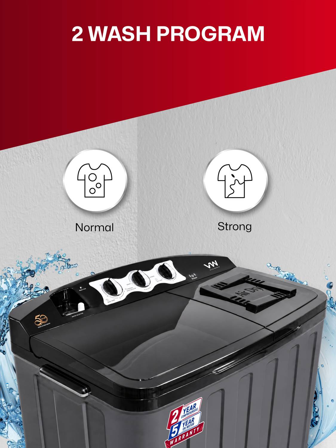VW 8 kg Semi Automatic Top Load Washing Machine Black - Image 3