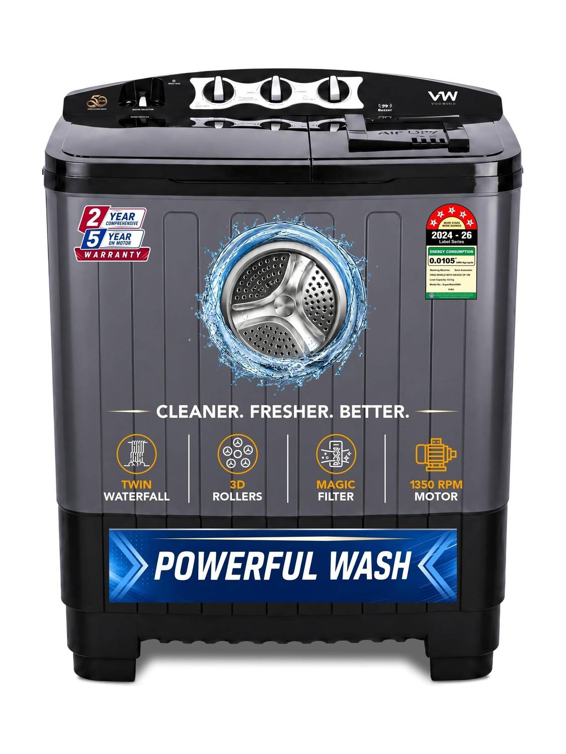 VW 8 kg Semi Automatic Top Load Washing Machine Black - Image 1