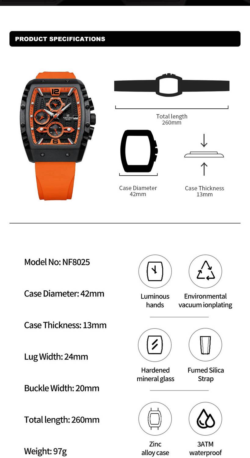 NAVIFORCE 8025 Orange Chronograph Watch - Image 3