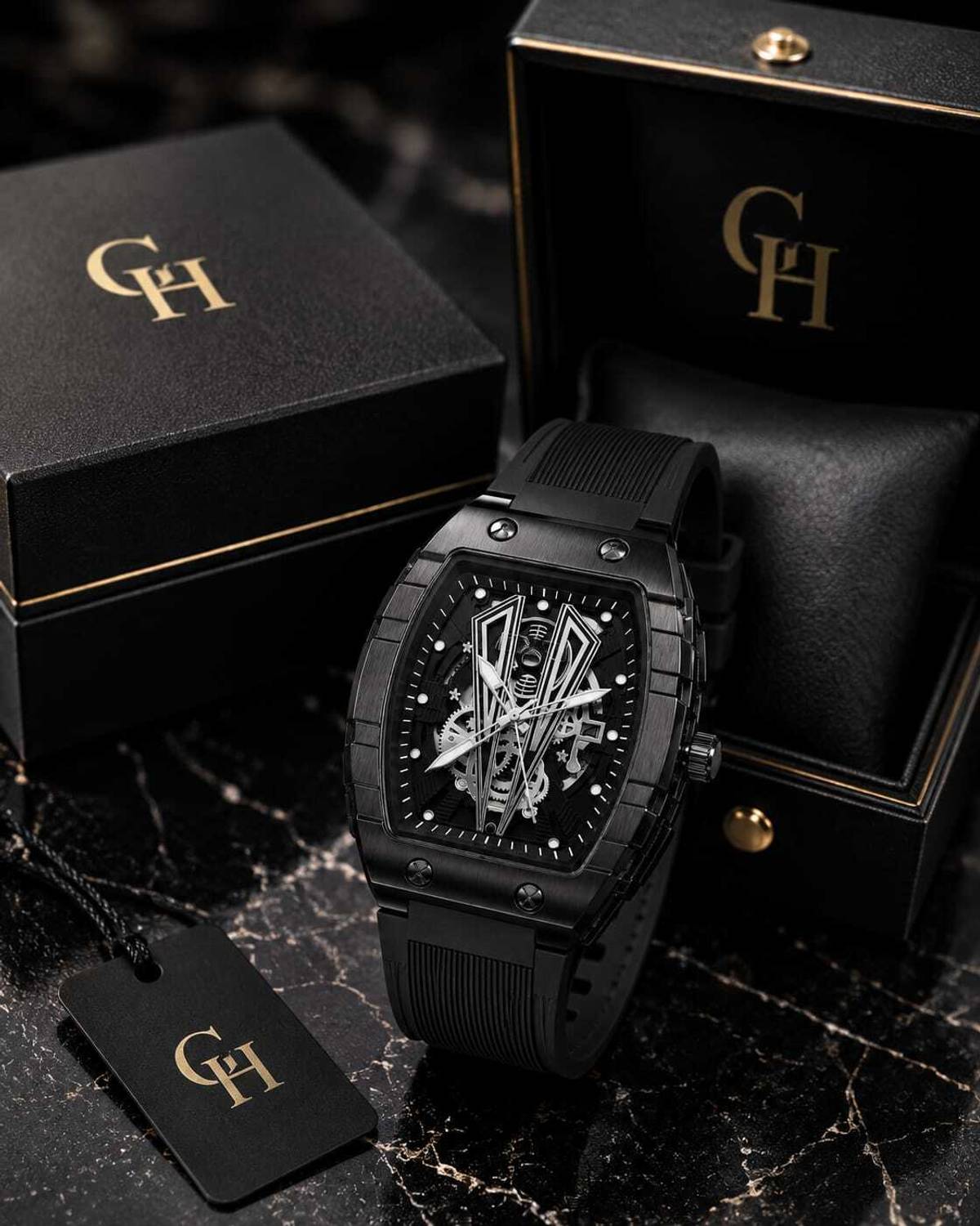 GETHUNT Premium Skeleton Analog Watch for Men Black - Image 1