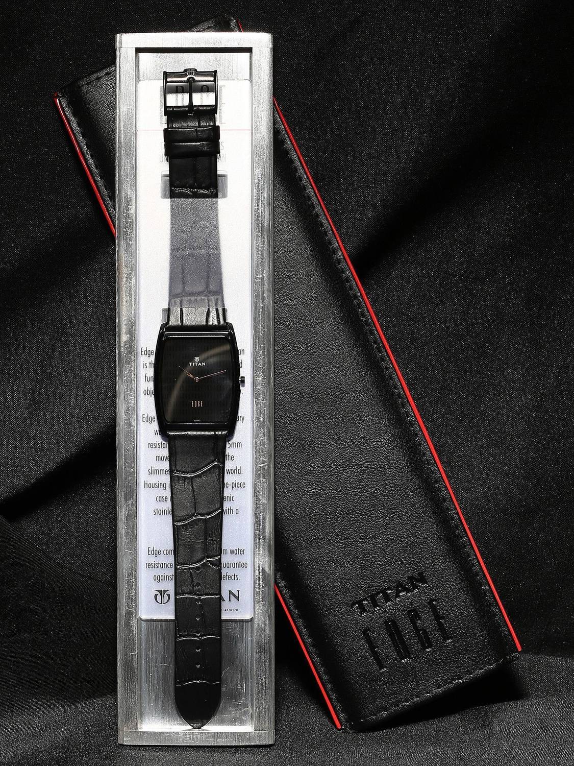 Titan Edge Quartz Black Dial Black Leather Strap Analog Watch - Men - Image 5