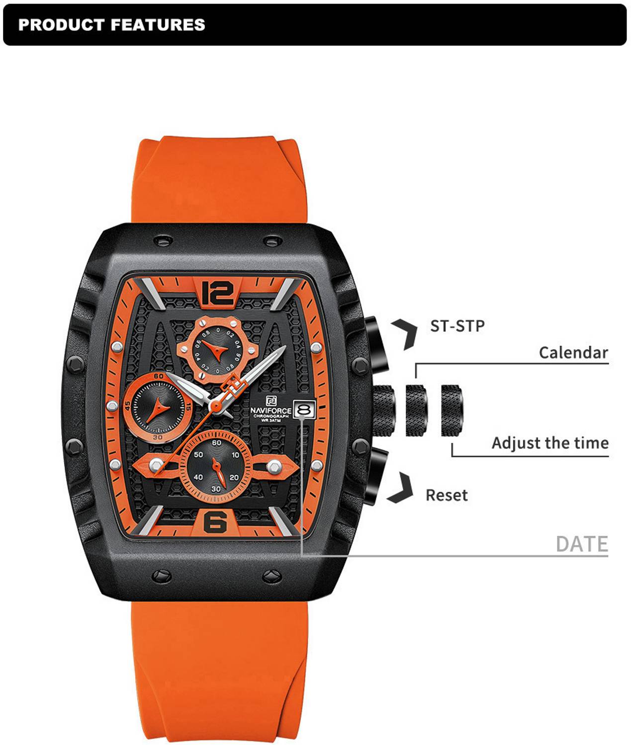 NAVIFORCE 8025 Orange Chronograph Watch - Image 4