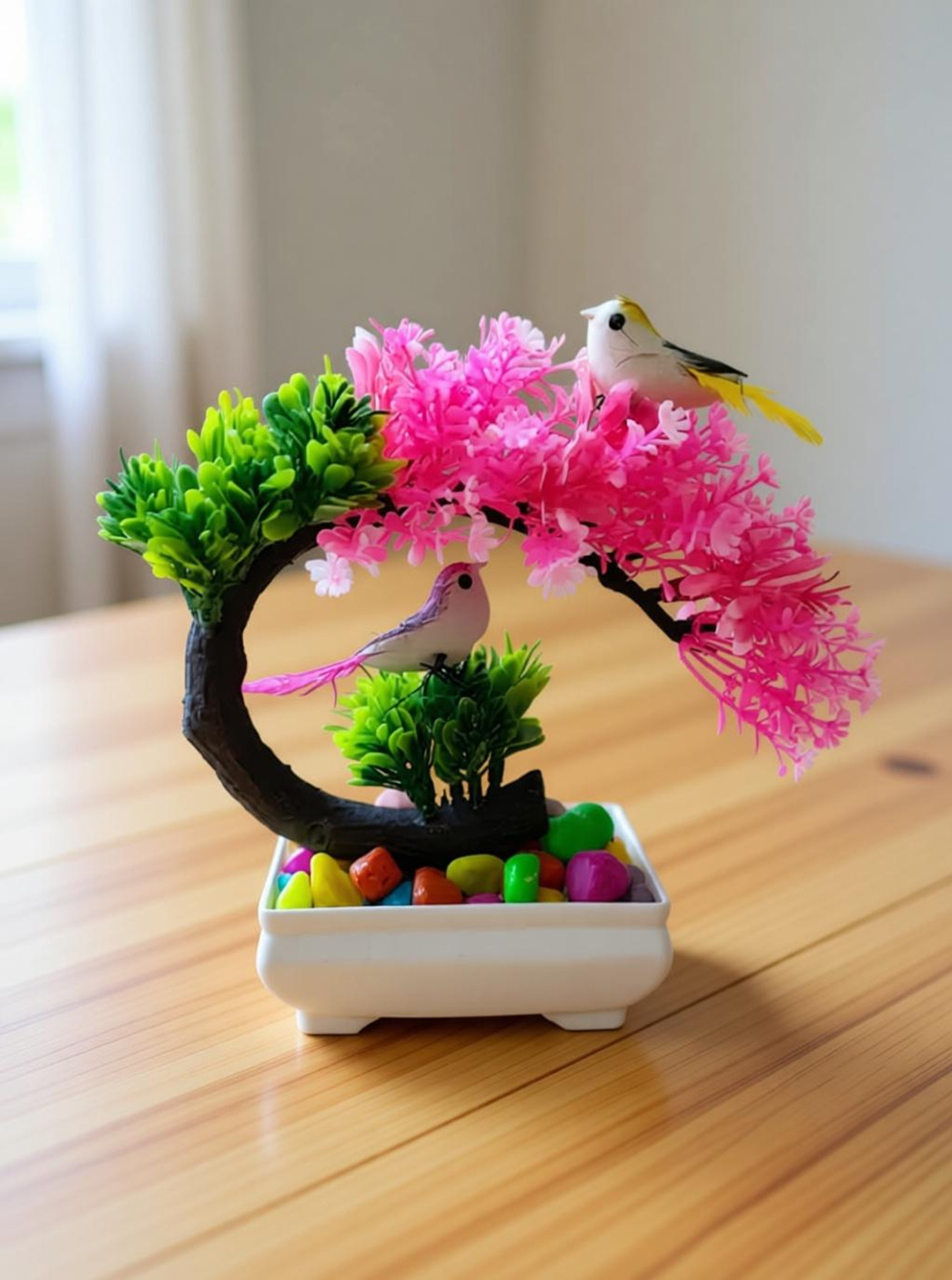 Ductor Unique Design Artificial Plant with Sparrow and Multicolor Pebbles Bonsai Wild Artificial Plant with Pot