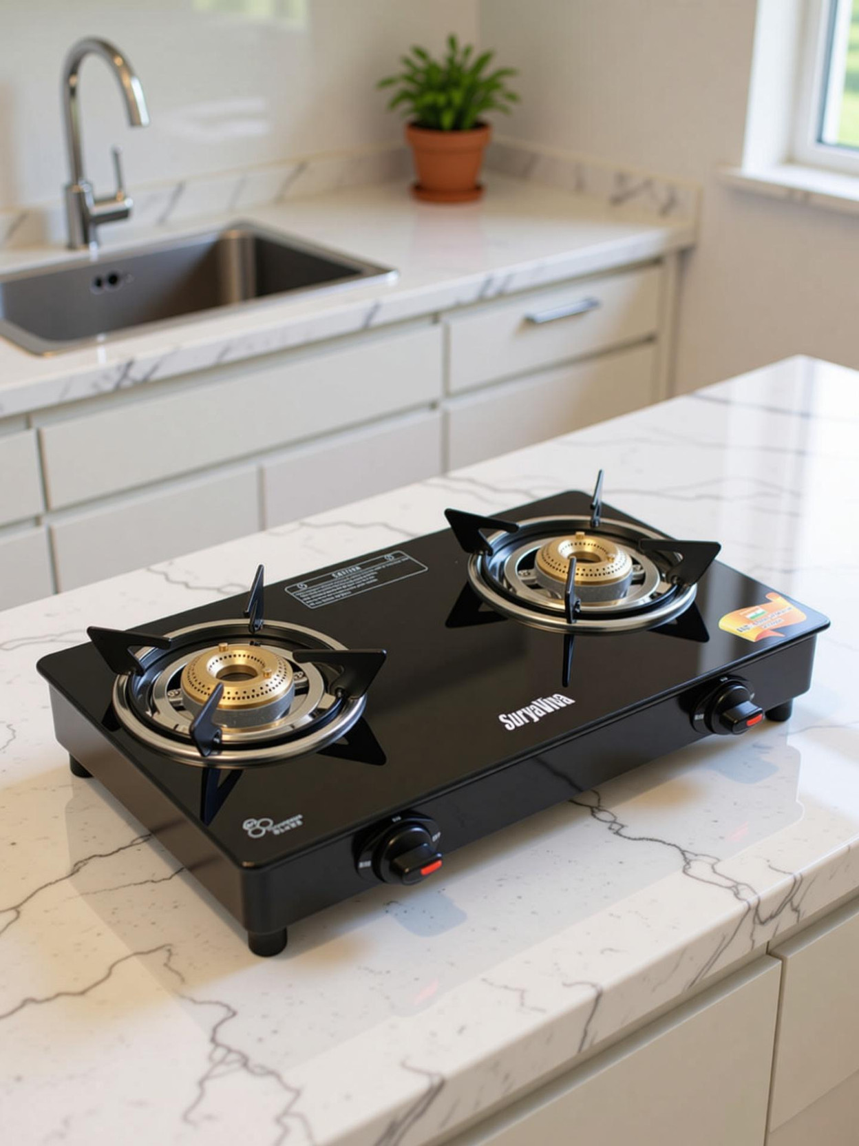 SURYAVIVA 2 Burner Photon Glass Cast Iron Burner Glass Gas Stove(Manual,Black) Glass Manual Stove