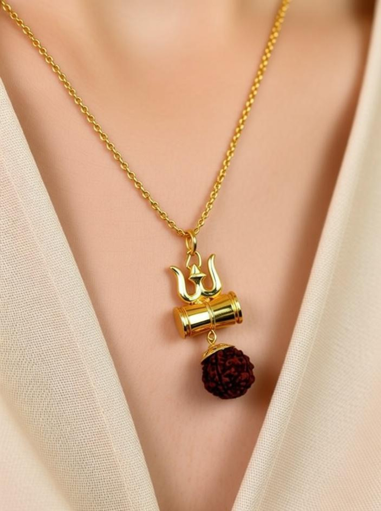 ShopGlobal Religious Jewelry Lord Shiv Damru Locket With Puchmukhi Rudraksha Mala (8MM 36Beads) Gold-plated Plated Wood Chain