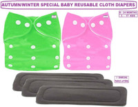 TINNY TOTS Pack of 2 Pocket Button Style Baby Reusable Cloth Diaper Nappy Autumn Winter Special Quick-Dry Adjustable With 3 Bamboo Charcoal Inserts Pad(5 Layers) Washable Wet-Free For New Borns/Toddlers/Infants/New Borns(GP;0