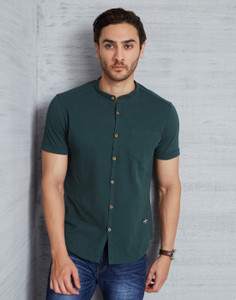 Men Mandarin Collar Dark Green T-Shirt 