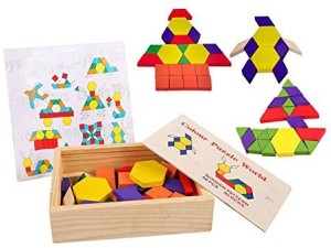 Lewo Wooden Pattern Blocks Classic Educational Montessori Toys Tangrams Set for 