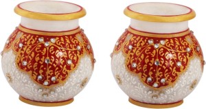 HANDICRAFTS PARADISE Marble Round Flower Vase Painted In Red Kuppi Work 