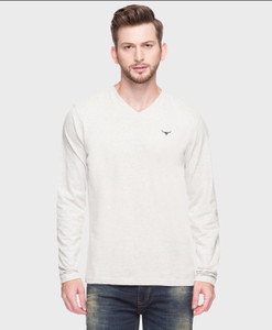 BUFFALO Solid Men V-Neck White T-Shirt 