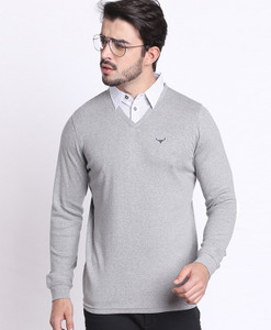 BUFFALO Solid Men V-Neck Grey T-Shirt 