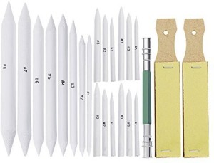 Sketch Drawing Set with Kneaded Eraser 2 Pieces Sandpaper Pencil Sharpener for Student and Artists 25PCS Blending Stumps and Tortillions Set 